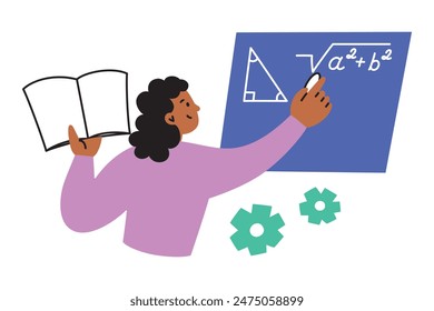 Ilustración vectorial de un estudiante o profesor escribiendo fórmulas geométricas y resolviendo un problema matemático con el teorema de Pitágoras en una pizarra. Estilo de dibujos animados planos, para contextos educativos, escolares