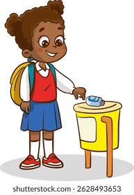 Vector illustration of student throwing garbage into trash can