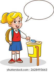 Vector illustration of student throwing garbage into trash can