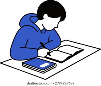 Vector illustration of a student wearing a blue hoodie, sitting at a desk, writing in an open notebook with a pen, with a closed book nearby.