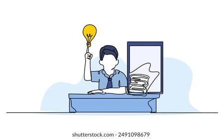 Vector illustration of student who come up with ideas.Modern flat in continuous line style.