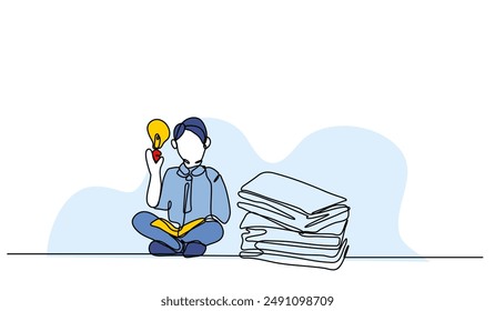 Vector illustration of student who come up with ideas.Modern flat in continuous line style.