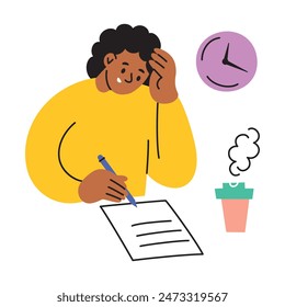 Vector illustration of a student writing an exam against the clock, showing focus and concentration, thinking and pondering. Flat cartoon style, ideal for educational themes, school