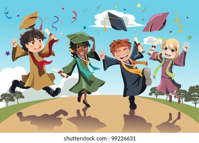 A vector illustration of students celebrating graduation