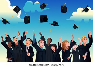 A vector illustration of students celebrating their graduation by throwing their graduation hats in the air