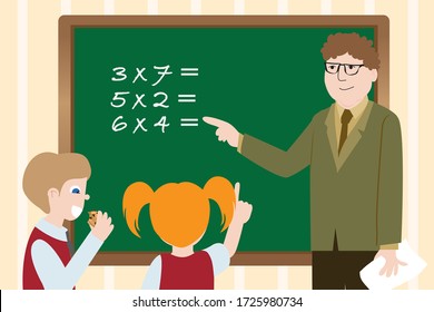 Vector Illustration of Students in the Classroom, Teacher is Teaching, Online Education Material