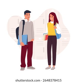 Vector illustration of students communicating. Cartoon scene of smiling boy and girl standing in college corridor with briefcases, headphones, holding books, folder isolated on white background.