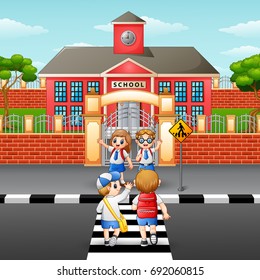 Vector illustration of Students crossing the road