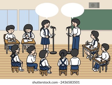 Vector illustration of students debating in the classroom svg