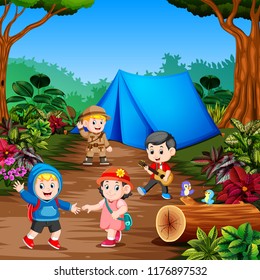 vector illustration of the students do camp in the middle of the forest 
