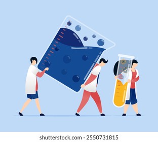 vector illustration of Students and doctors carrying beakers and test tubes filled with chemical liquids for medical and educational experiments in a laboratory setting