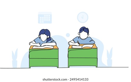 Vector illustration of students are doing assignments. Modern flat in continuous line style.