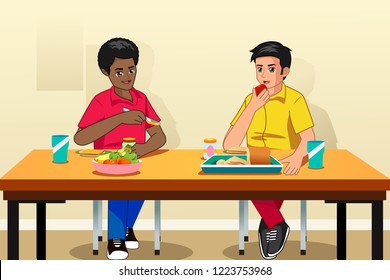 A vector illustration of Students Eating Breakfast in School 