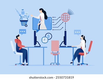 vector illustration of Students engaging in telemedicine for more efficient remote treatment and using internet technology to provide healthcare solutions