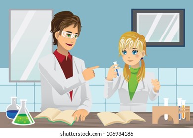 A vector illustration of students experimenting in chemistry lab