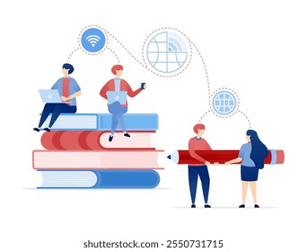 ilustração vetorial de Estudantes Explore Oportunidades de Aprendizagem Sentando-se em Livros e Usando a Tecnologia da Internet para Colaboração. Pode ser usado para banners, sites, panfletos de aplicativos