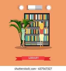 Vector illustration of students females at college or university library. Flat style design.