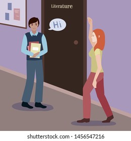 Vector illustration of students greeting in the hallway near the classroom. Young people at school, college or university. Boy with books says hi