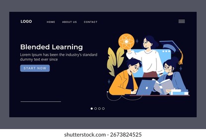 Ilustração vetorial de alunos interagindo on-line e off-line, simbolizando o aprendizado misto. Grupo diversificado envolvido com notebooks e livros, demonstrando a dinâmica da educação colaborativa.