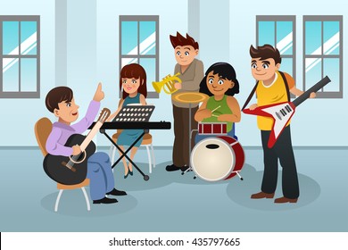 A Vector Illustration Of Students Learning Instrument In Music Class