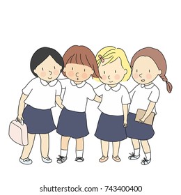 Vector Illustration Of Students In School Uniform Standing Together. Early Childhood Development, Education & Learning, Back To School, Friendship, International School Concept. Cartoon Drawing.