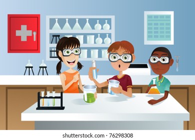 A vector illustration of students in a science class working on a science project