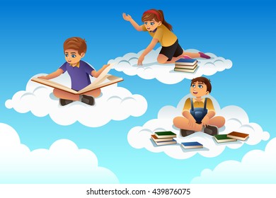 A vector illustration of students sitting on a cloud and reading a book