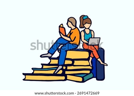 Vector illustration of students sitting on a stack of books and studying. Higher education concept.