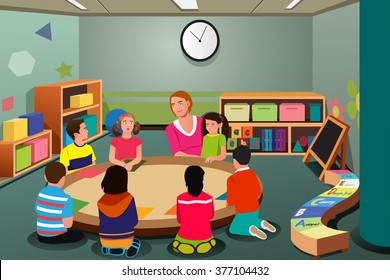 A vector illustration of students studying in class with teacher