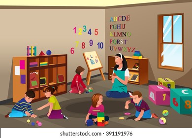 A vector illustration of students studying in class with teacher