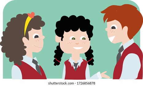 Vector Illustration of Students Talking at School, Happy Children Chat, Online Education Material