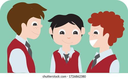 Ilustración vectorial de estudiantes hablando en la escuela, chat de niños felices, material educativo en línea