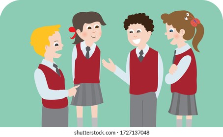 Ilustración vectorial de estudiantes hablando en la escuela, chat de niños felices, material educativo en línea