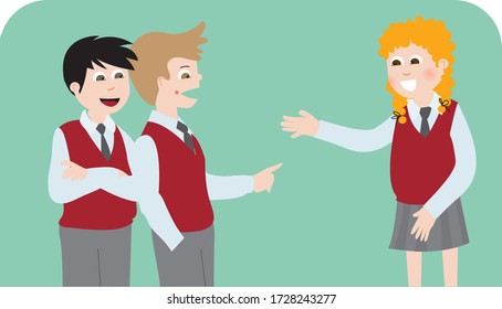 Vector Illustration of Students Talking at School, Happy Children Chat, Online Education Material