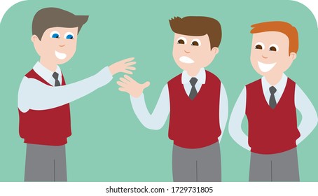 Vector Illustration of Students Talking at School, Happy Children Chat, Online Education Material