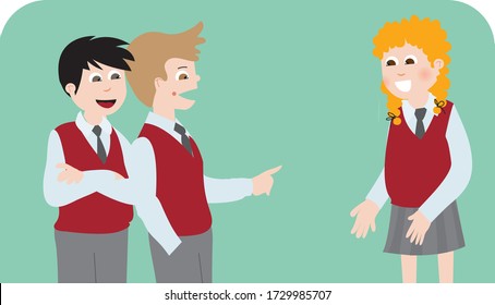 Vector Illustration of Students Talking at School, Happy Children Chat, Online Education Material