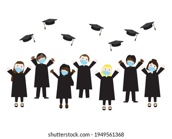 Vector illustration of students wearing face masks throwing their graduation hats in the air