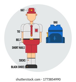 vector illustration of students wearing red and white school uniforms and having a blue bag