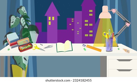 Ilustración vectorial del lugar de trabajo de los estudiantes con libro de texto, lámpara, ventana, planta de diseño plano. Clase nocturna