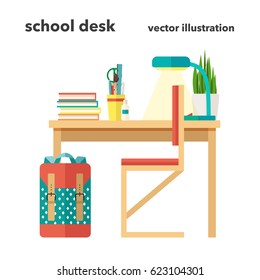 Vector illustration of Student's workplace with textbook, lamp, backpack in flat design style