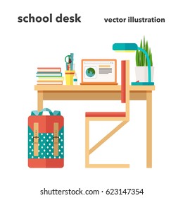 Vector illustration of Student's workplace with textbook, lamp, backpack, laptop in flat design style