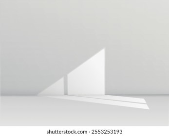 Ilustração vetorial da sala de estúdio com sombra de janela, efeito de luz solar. Fundo realista é perfeito para a apresentação do produto. Quarto vazio. Papel de parede para projetos de design.