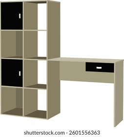 Vector illustration of a study desk with a bookshelf or bookcase.Computer table isolated on white background