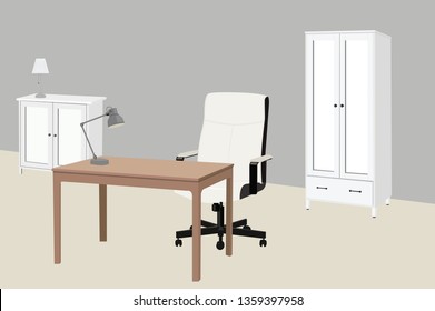 Vector Illustration of a Study Room or an Office with Chair, Table, Wardrobe, Side Table and Lamps 