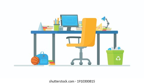 Vector illustration of studying at home. Workspace in children room.