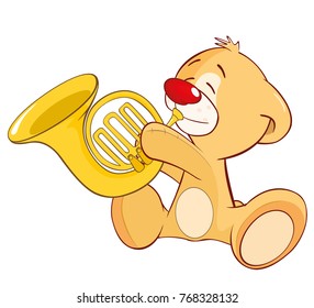 Vector Illustration of a Stuffed Toy Bear Cub Trumpeter. Cartoon Character 
