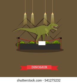 Vector illustration of stuffed tyrannosaurus dinosaur in museum. Exposition room interior design element in flat style.