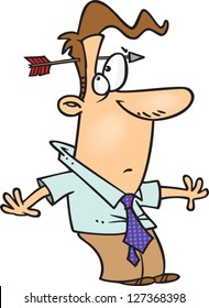 A vector illustration of stunned cartoon man with an arrow through his head