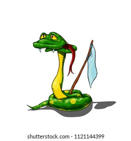 Vector illustration of the stunned surrendering snake with the white flag.