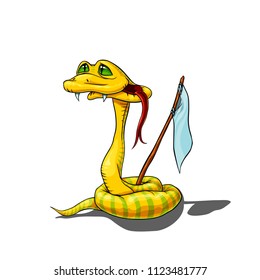 Vector illustration of the stunned surrendering snake with the white flag.